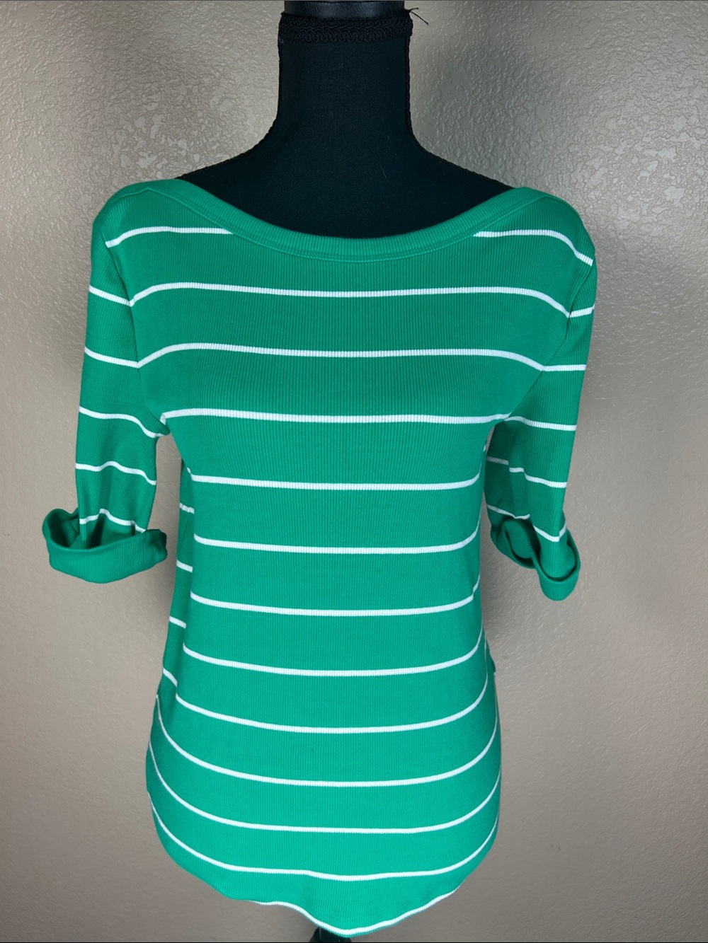 Talbots Green and White Striped Boatneck Short Sleeve Top Medium